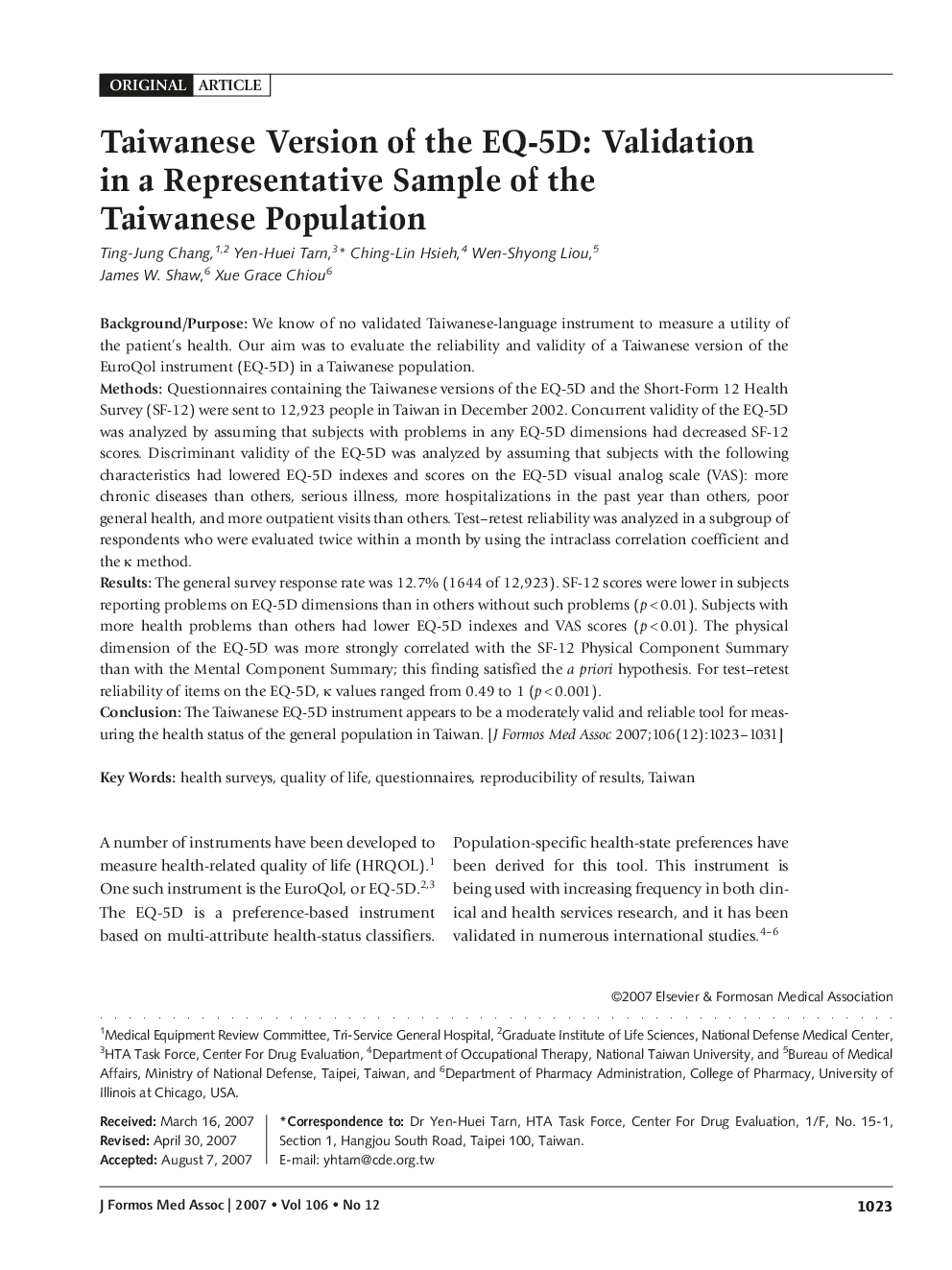 Taiwanese Version of the EQ-5D: Validation in a Representative Sample of the Taiwanese Population