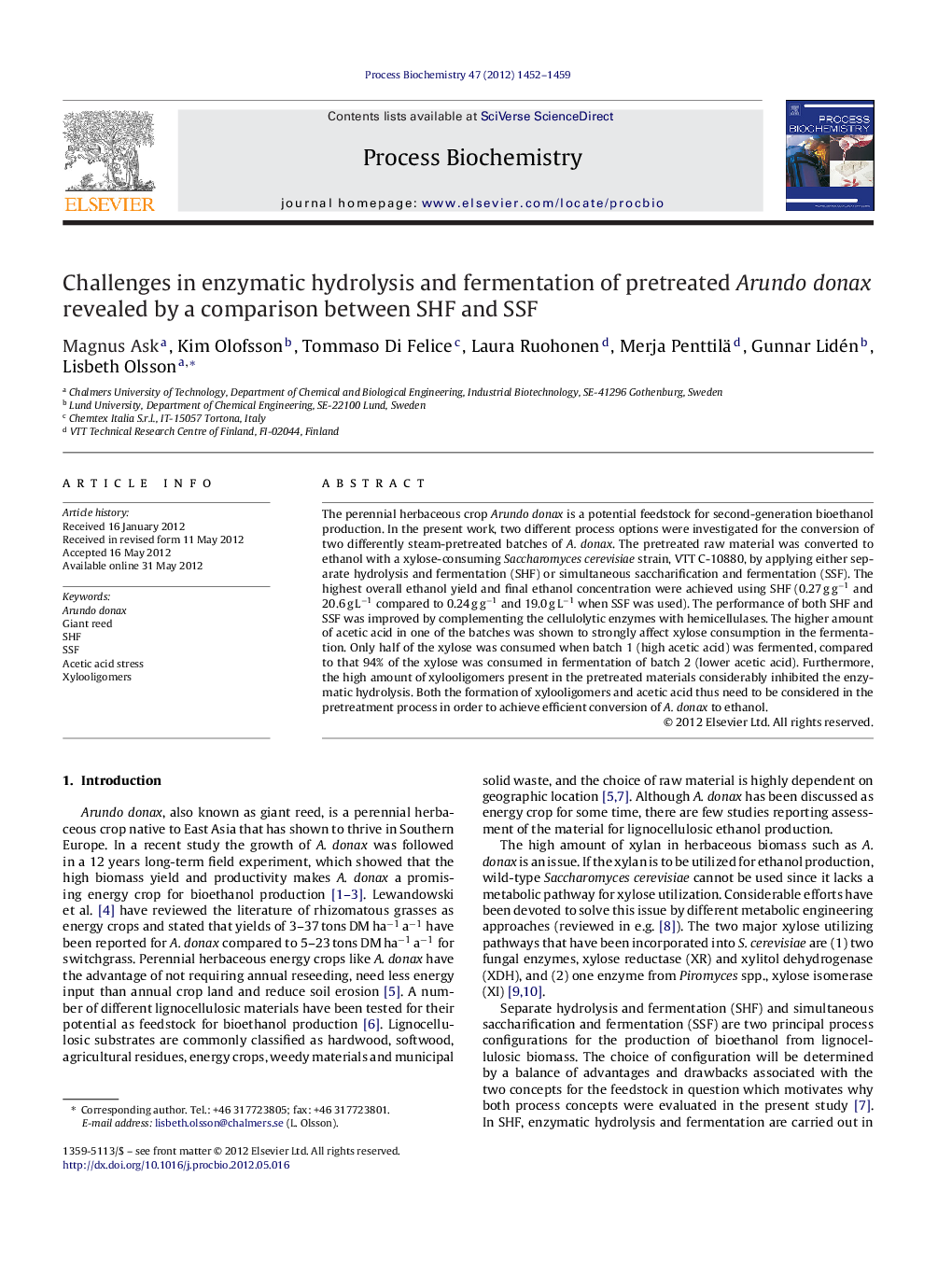 Challenges in enzymatic hydrolysis and fermentation of pretreated Arundo donax revealed by a comparison between SHF and SSF