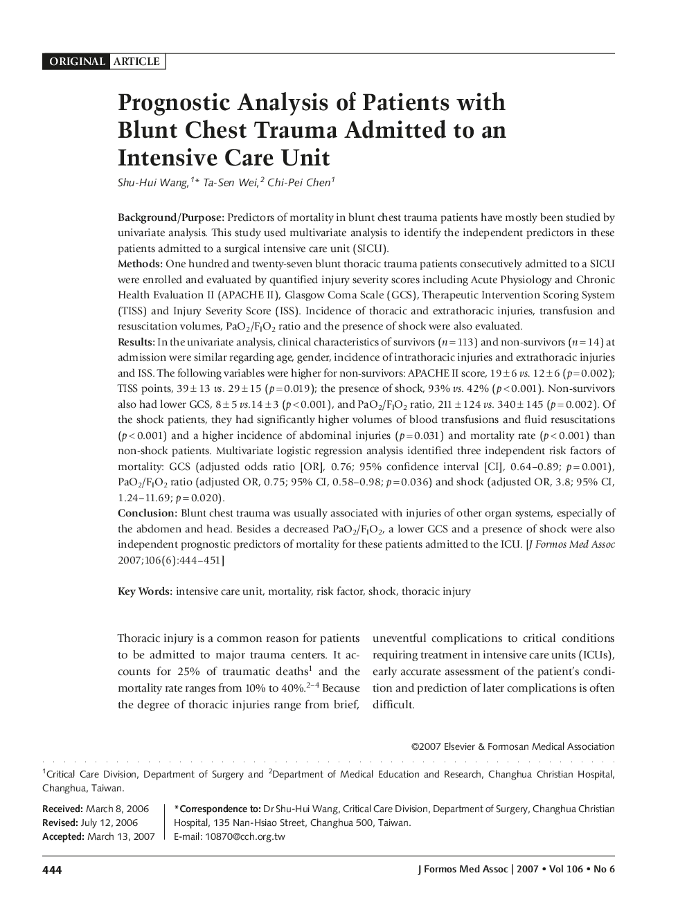 Prognostic Analysis of Patients with Blunt Chest Trauma Admitted to an Intensive Care Unit