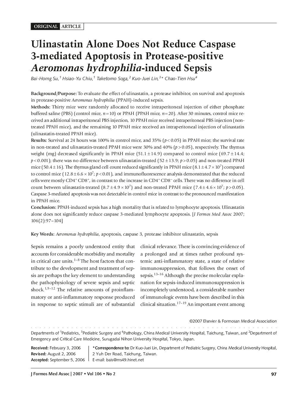 Ulinastatin Alone Does Not Reduce Caspase 3-mediated Apoptosis in Protease-positive Aeromonas hydrophilia-induced Sepsis