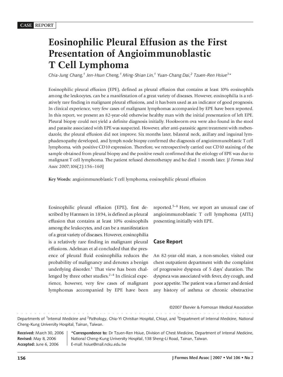 Eosinophilic Pleural Effusion as the First Presentation of Angioimmunoblastic T Cell Lymphoma
