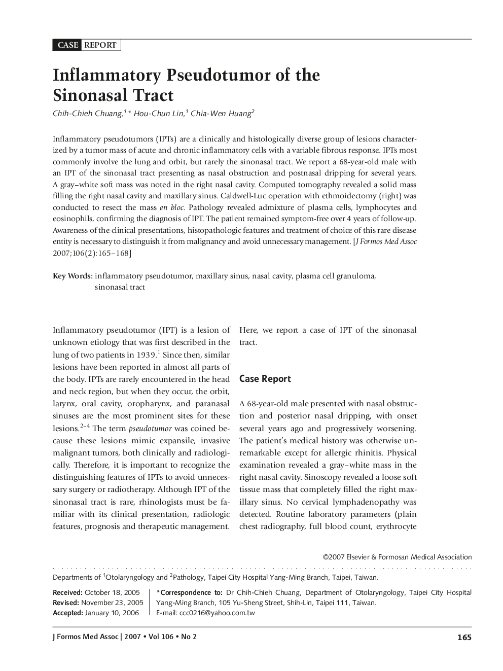 Inflammatory Pseudotumor of the Sinonasal Tract