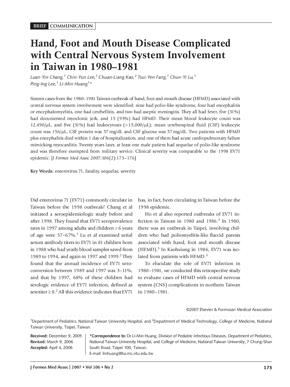 Hand, Foot and Mouth Disease Complicated with Central Nervous System Involvement in Taiwan in 1980–1981