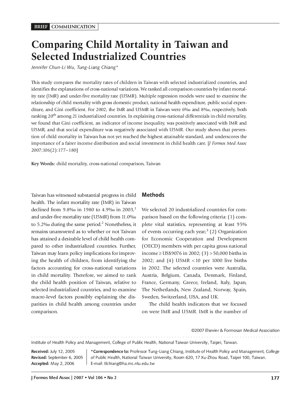 Comparing Child Mortality in Taiwan and Selected Industrialized Countries