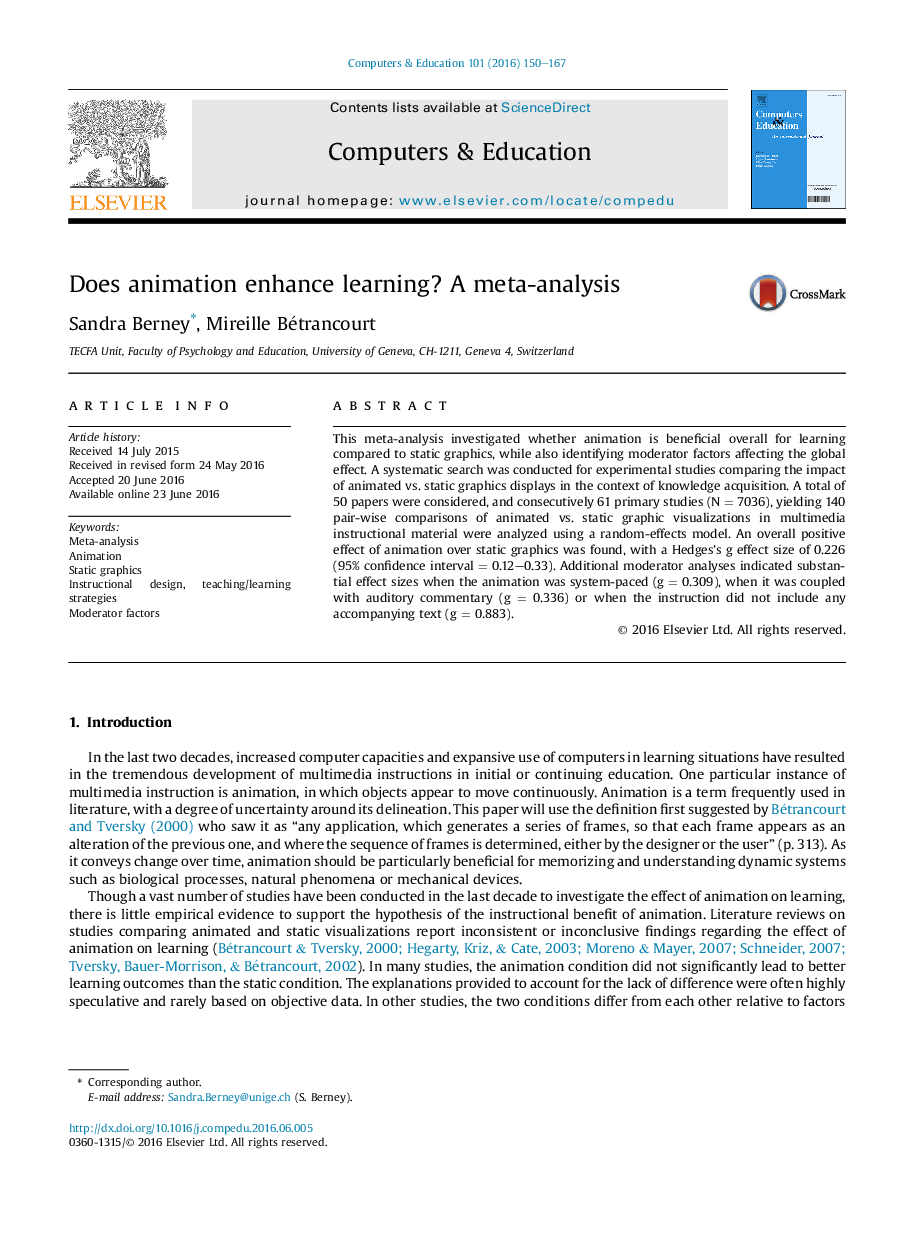 Does animation enhance learning? A meta-analysis