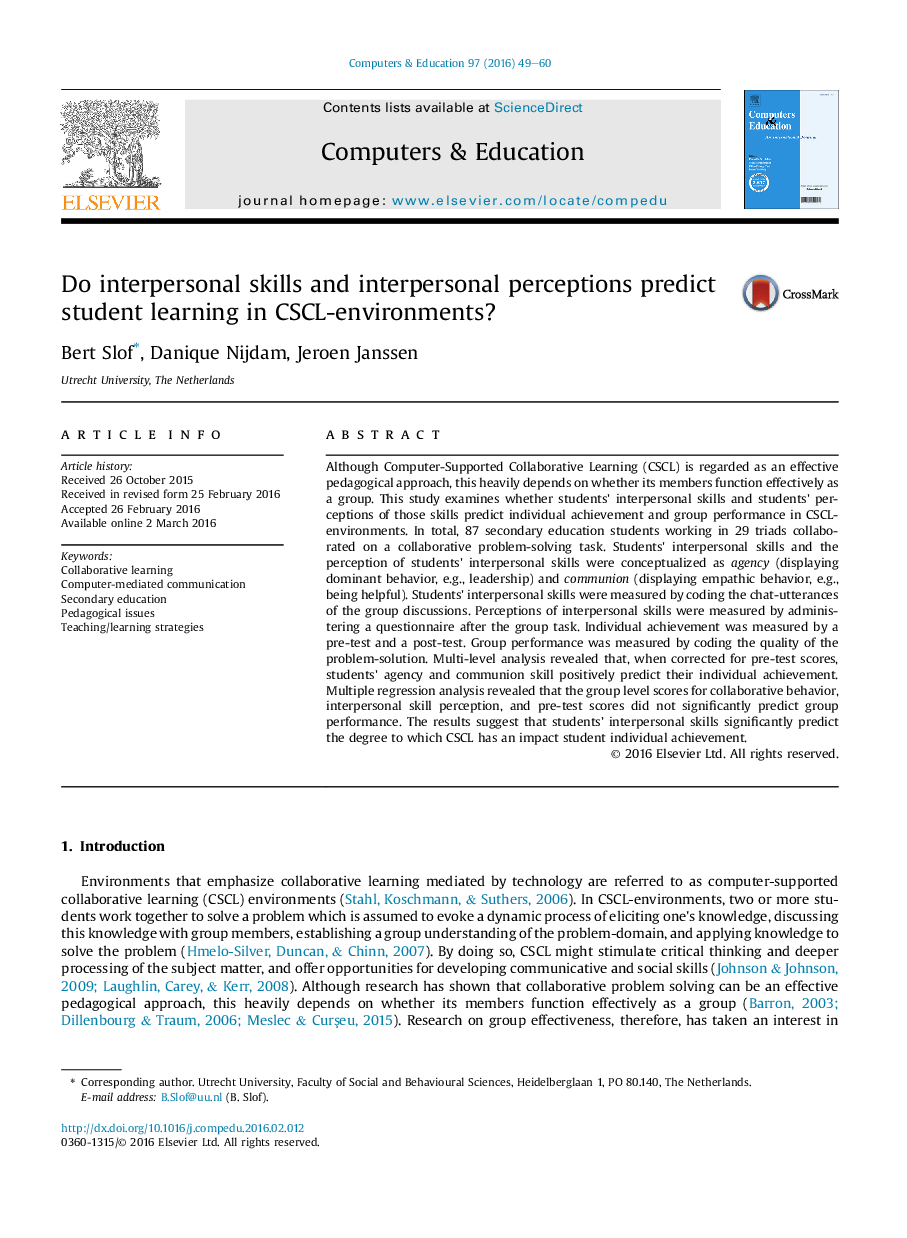 Do interpersonal skills and interpersonal perceptions predict student learning in CSCL-environments?