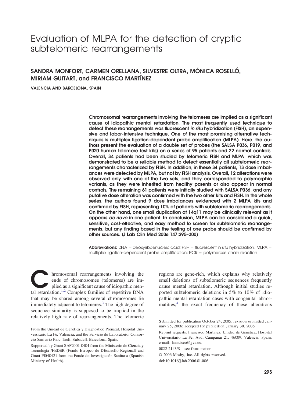 Evaluation of MLPA for the detection of cryptic subtelomeric rearrangements 