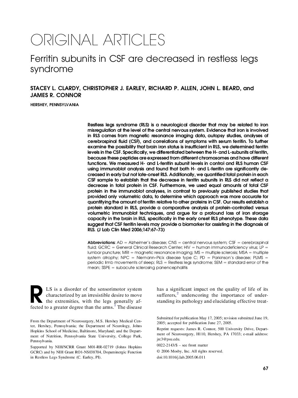 Ferritin subunits in CSF are decreased in restless legs syndrome 