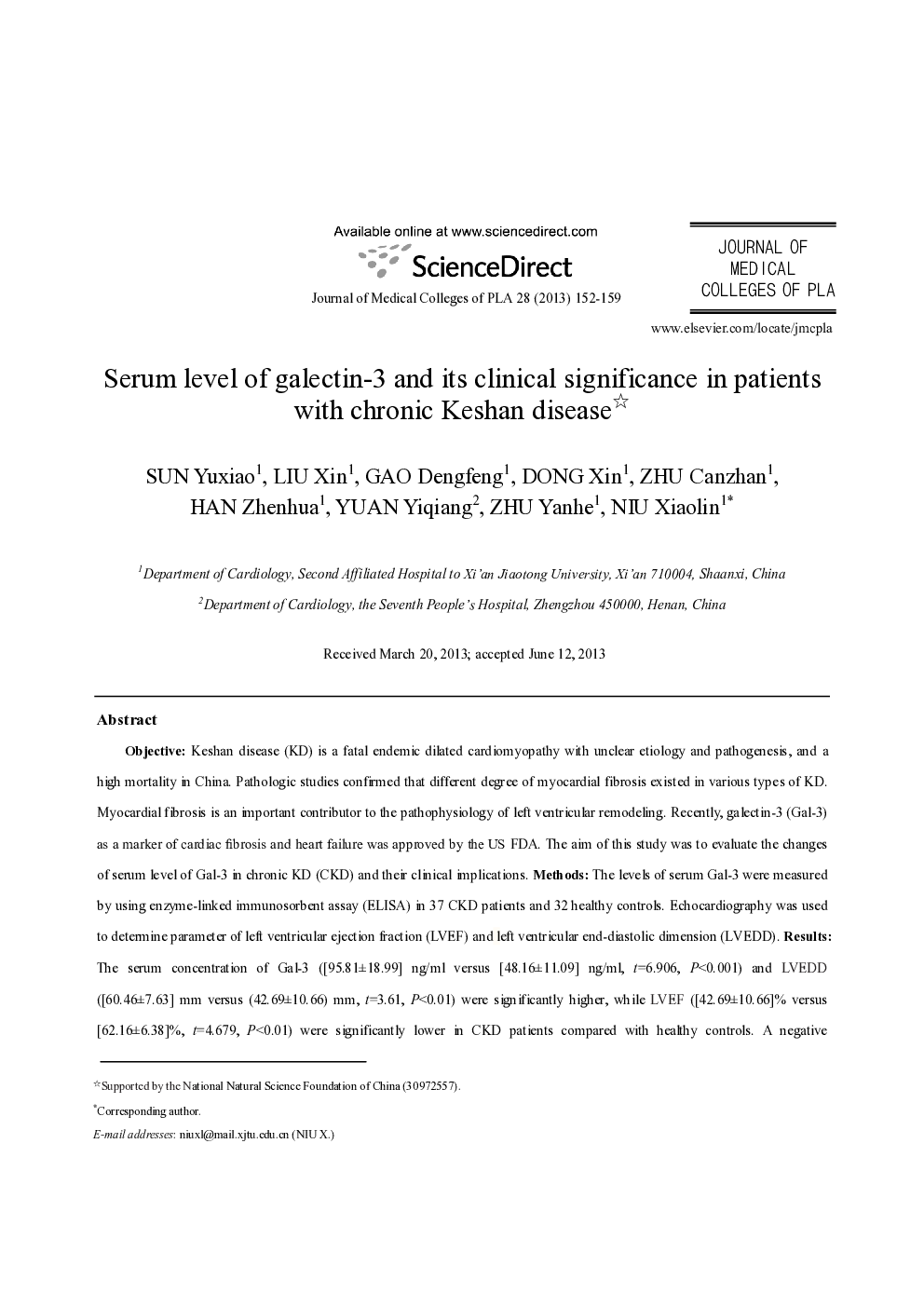 Serum level of galectin-3 and its clinical significance in patients with chronic Keshan disease 