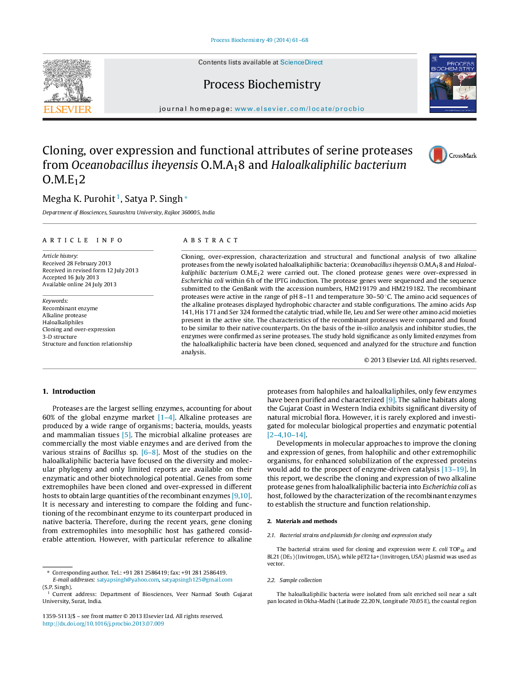 Cloning, over expression and functional attributes of serine proteases from Oceanobacillus iheyensis O.M.A18 and Haloalkaliphilic bacterium O.M.E12