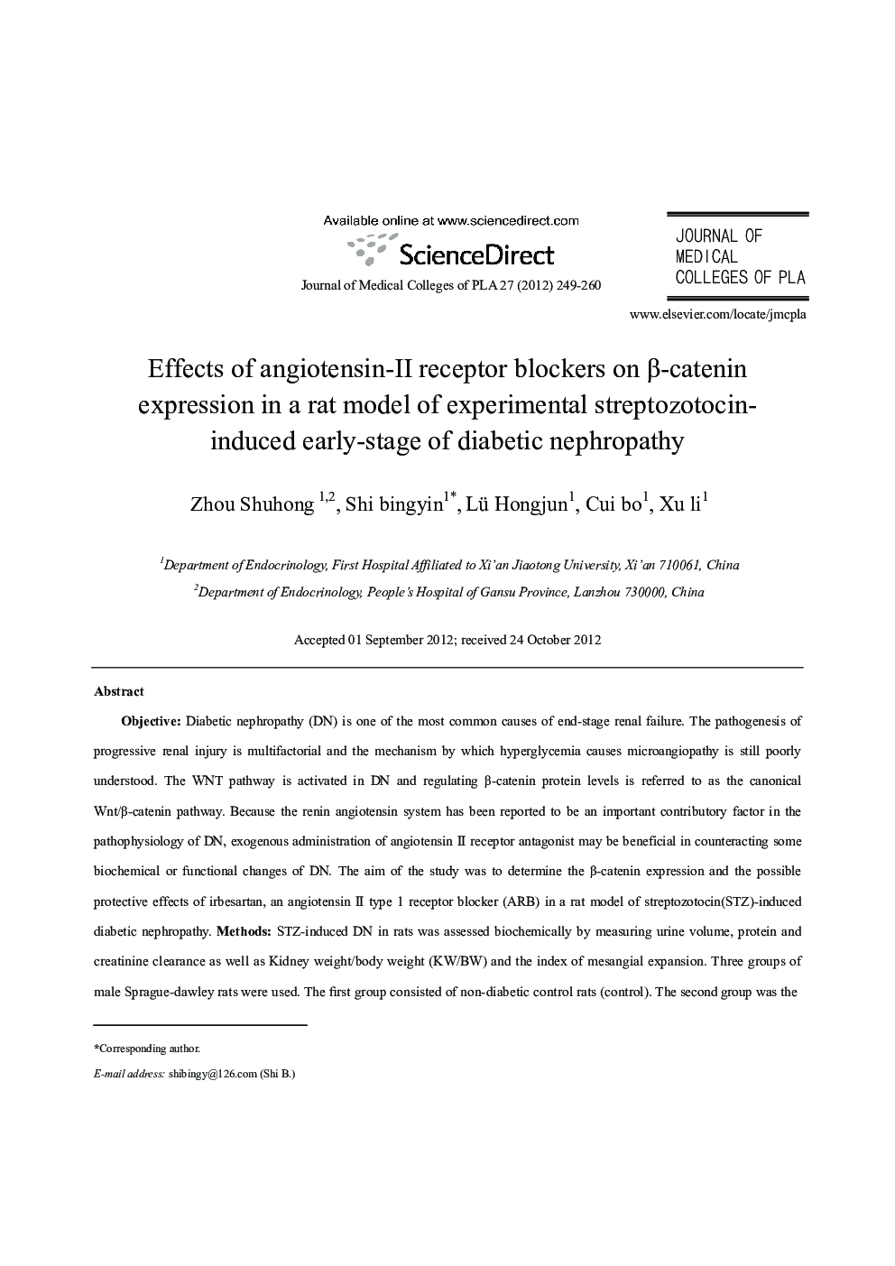 Effects of angiotensin-II receptor blockers on β-catenin expression in a rat model of experimental streptozotocin-induced early-stage of diabetic nephropathy