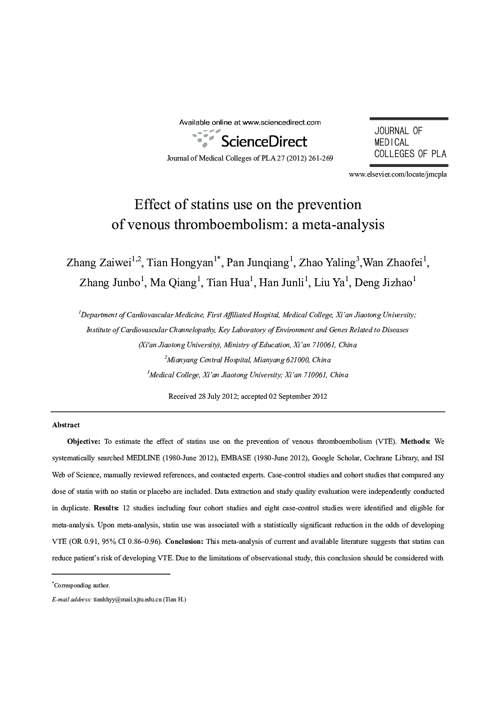 Effect of statins use on the prevention of venous thromboembolism: a meta-analysis