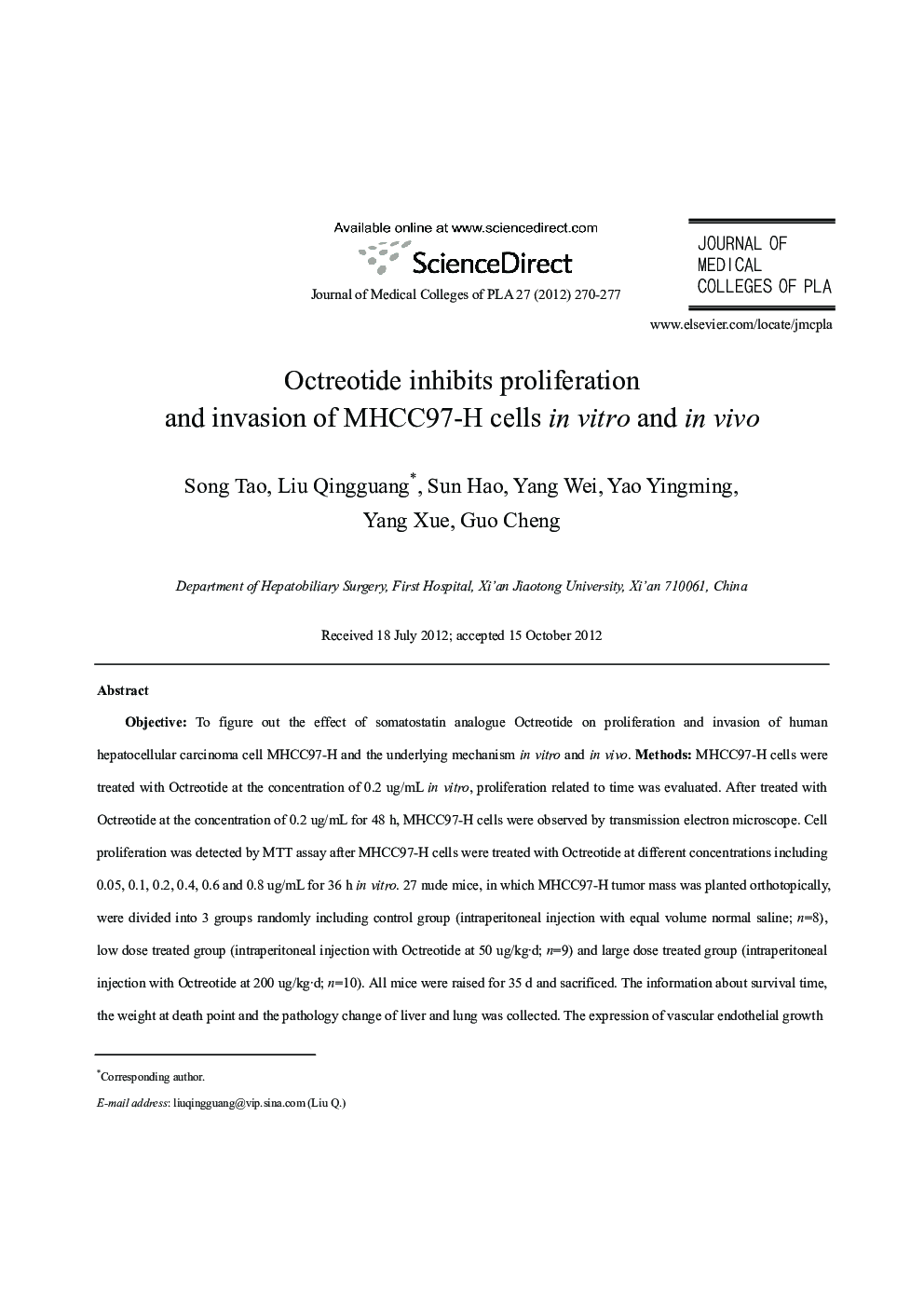 Octreotide inhibits proliferation and invasion of MHCC97-H cells in vitro and in vivo