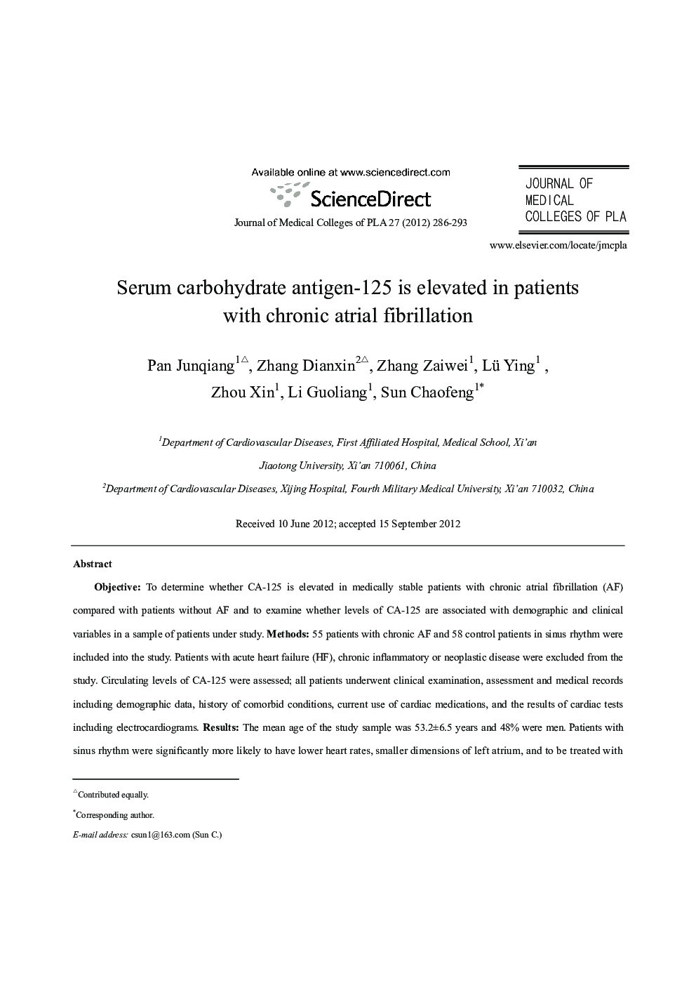 Serum carbohydrate antigen-125 is elevated in patients with chronic atrial fibrillation
