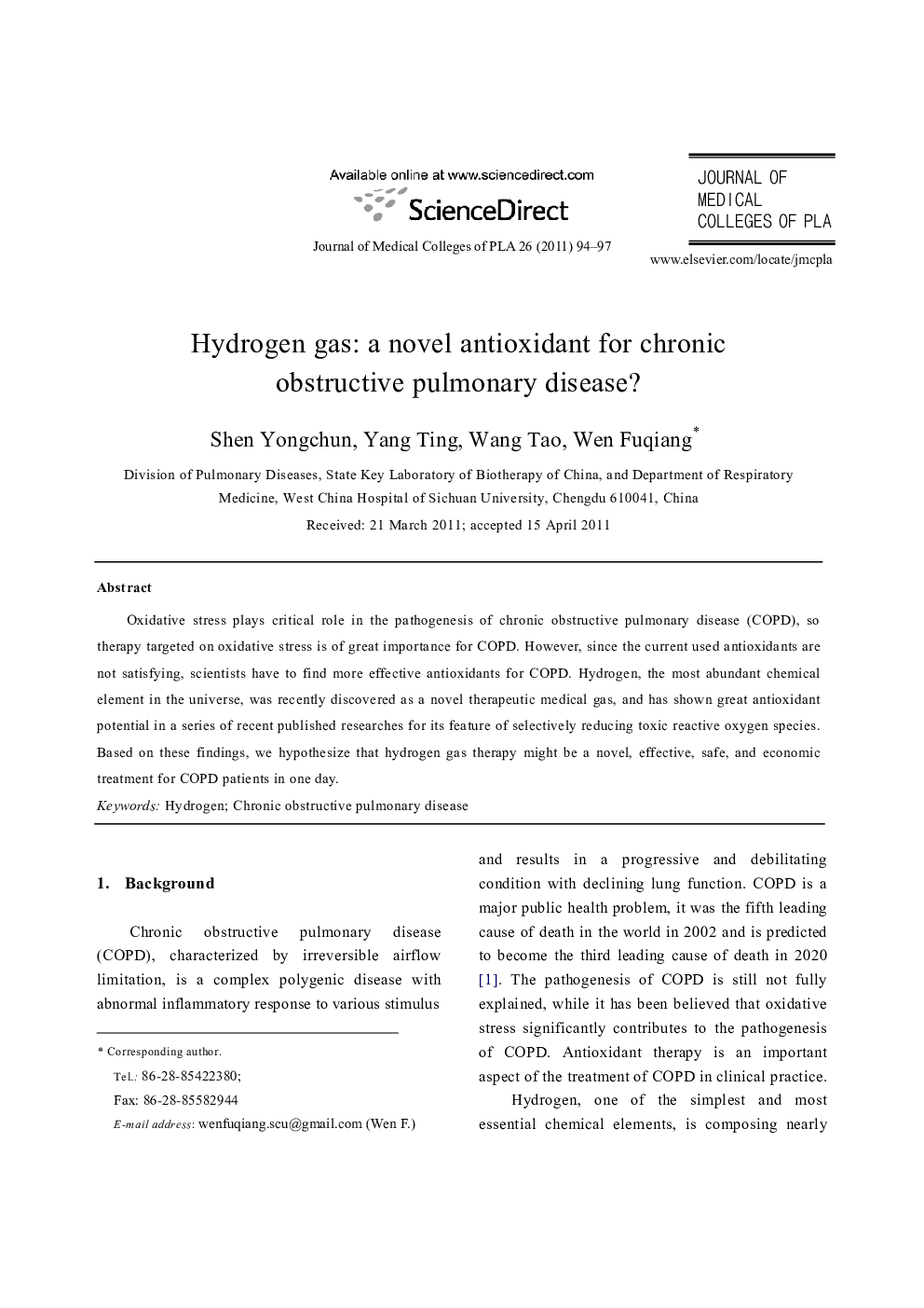 Hydrogen gas: a novel antioxidant for chronic obstructive pulmonary disease?