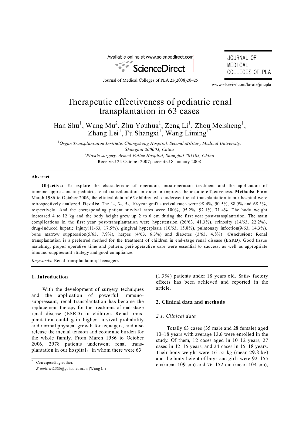 Therapeutic effectiveness of pediatric renal transplantation in 63 cases