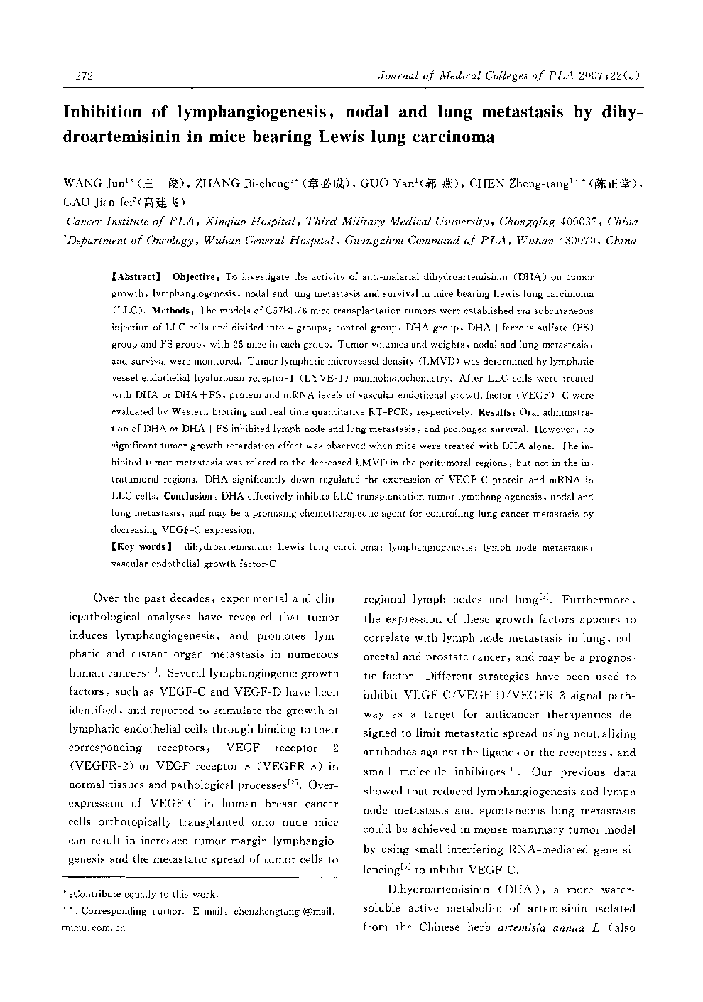 Inhibition of lymphangiogenesis, nodal and lung metastasis by dihy-droartemisinin in mice bearing Lewis lung carcinoma