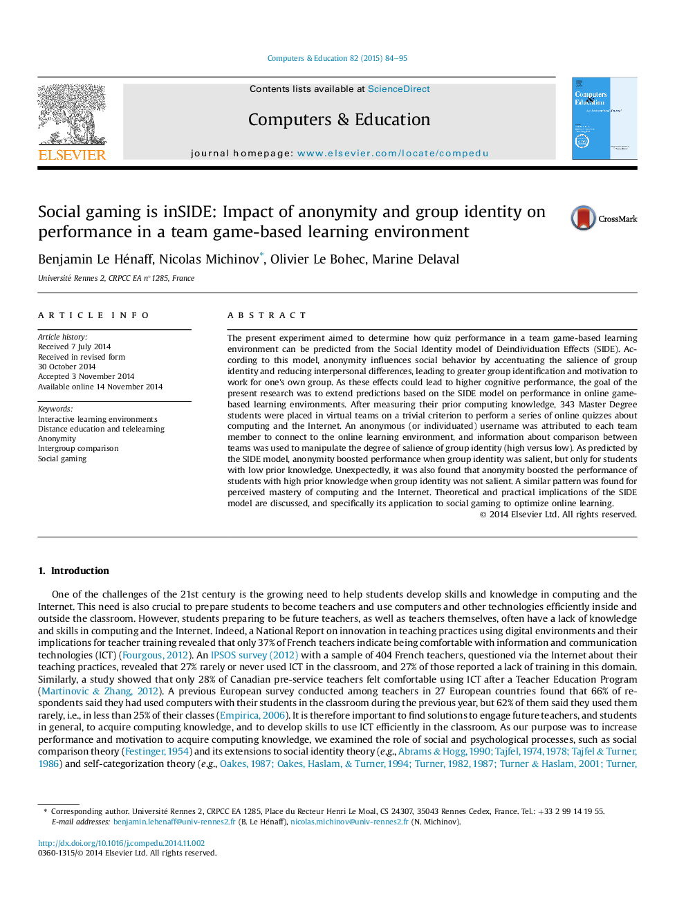 Social gaming is inSIDE: Impact of anonymity and group identity on performance in a team game-based learning environment