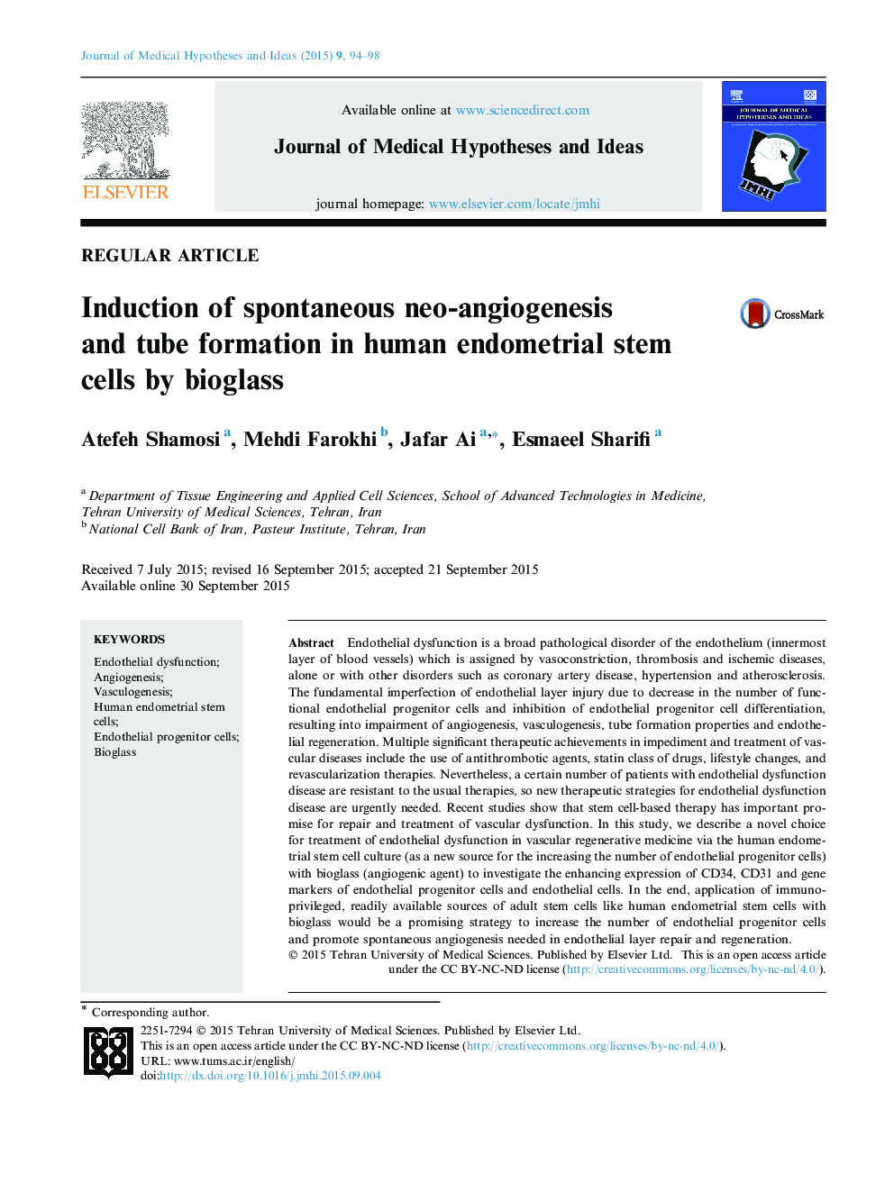 Induction of spontaneous neo-angiogenesis and tube formation in human endometrial stem cells by bioglass