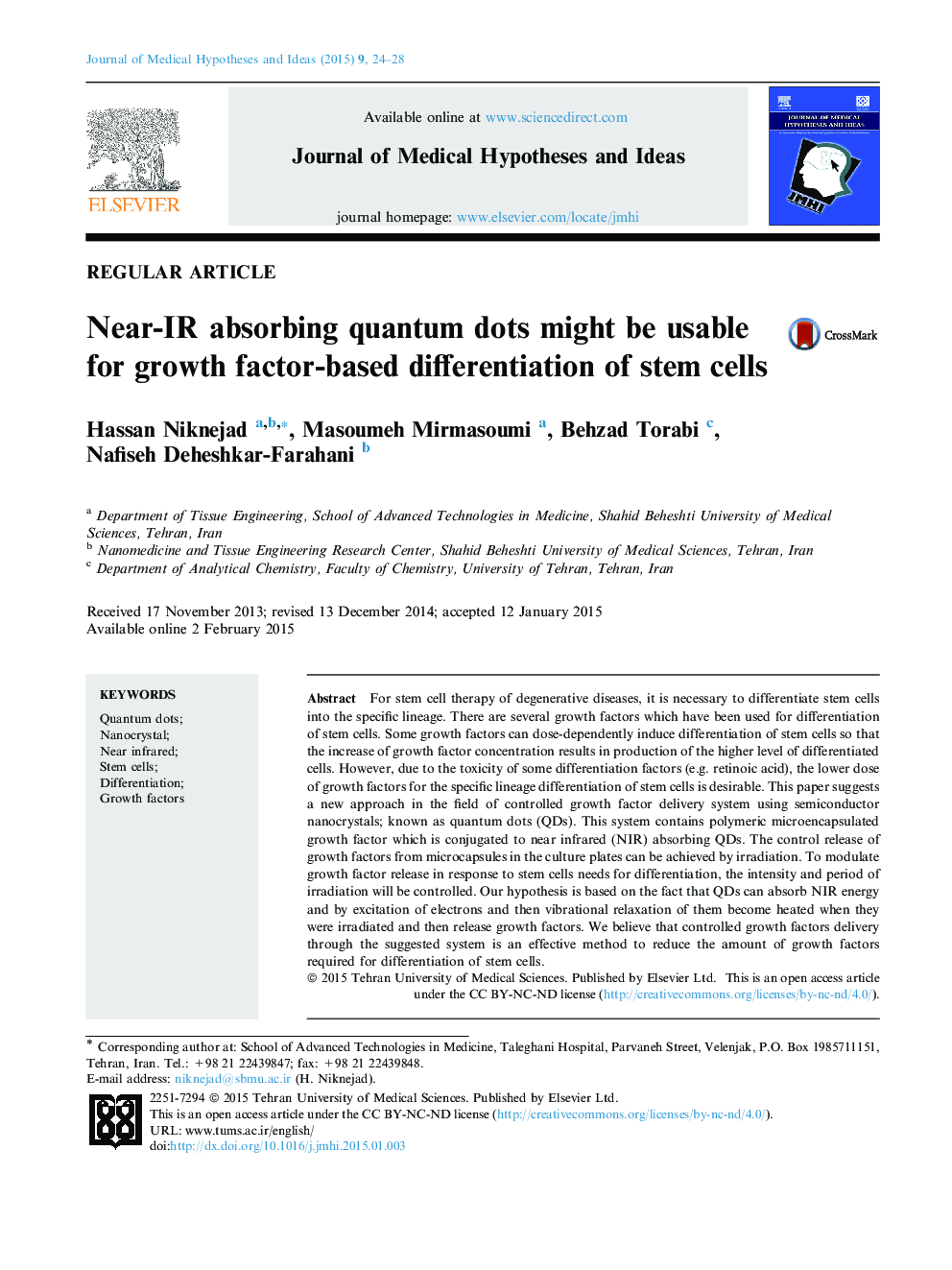 Near-IR absorbing quantum dots might be usable for growth factor-based differentiation of stem cells 