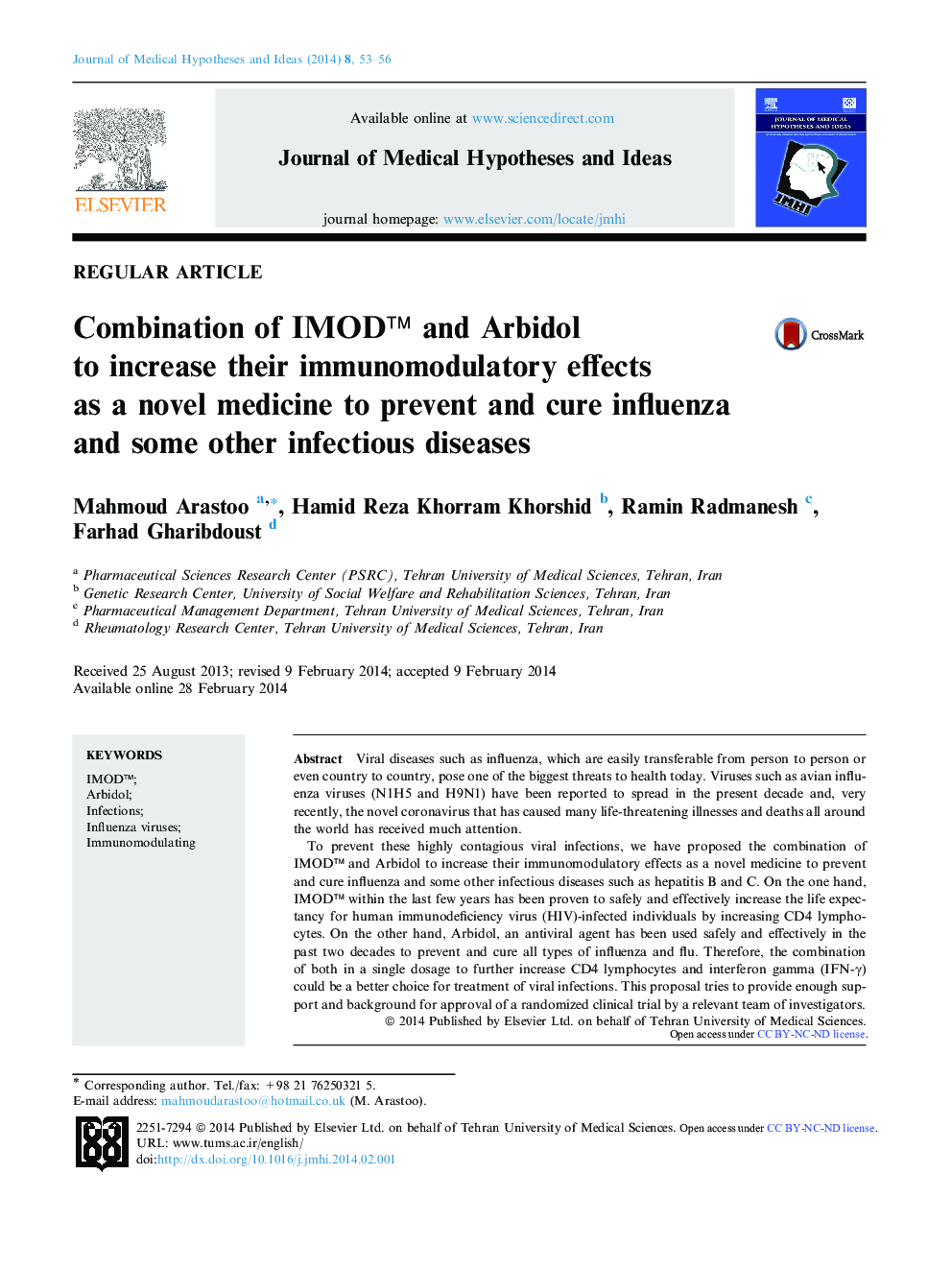 Combination of IMOD™ and Arbidol to increase their immunomodulatory effects as a novel medicine to prevent and cure influenza and some other infectious diseases 