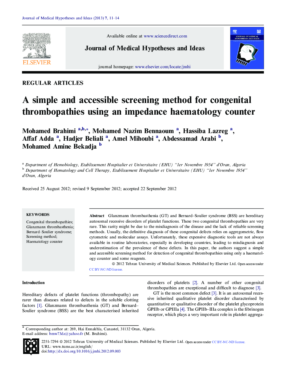 A simple and accessible screening method for congenital thrombopathies using an impedance haematology counter