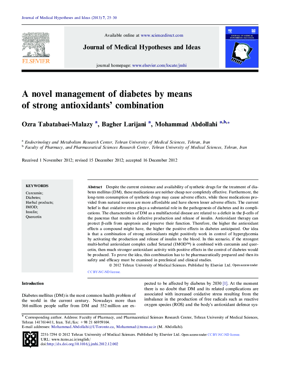 A novel management of diabetes by means of strong antioxidants’ combination