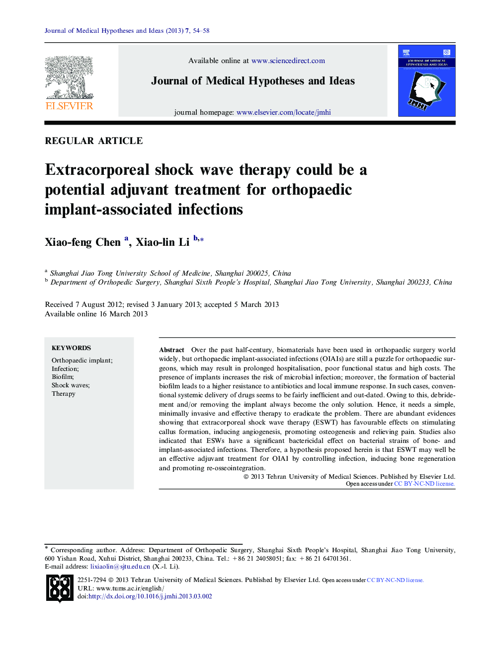 Extracorporeal shock wave therapy could be a potential adjuvant treatment for orthopaedic implant-associated infections 