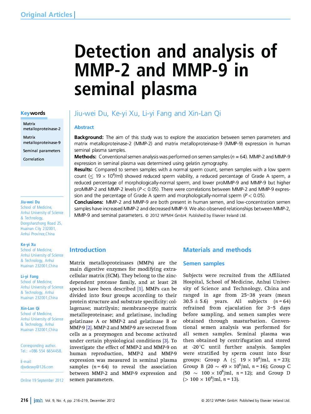 Detection and analysis of MMP-2 and MMP-9 in seminal plasma