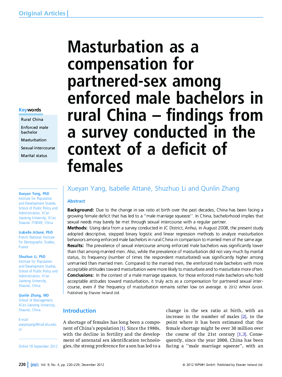 Masturbation as a compensation for partnered-sex among enforced male bachelors in rural China - findings from a survey conducted in the context of a deficit of females