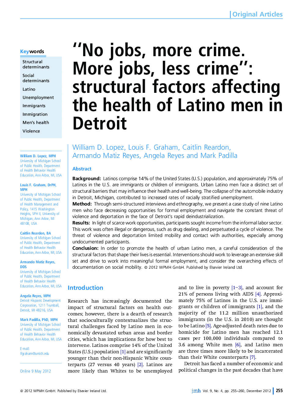 “No jobs, more crime. More jobs, less crime”: structural factors affecting the health of Latino men in Detroit