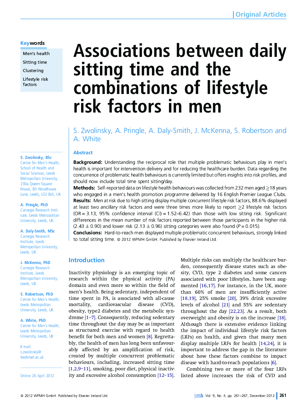 Associations between daily sitting time and the combinations of lifestyle risk factors in men