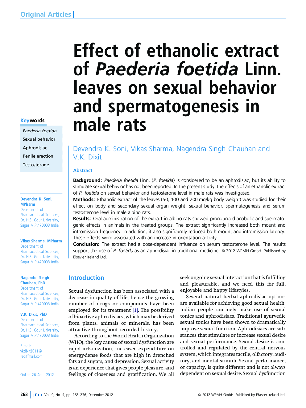 Effect of ethanolic extract of Paederia foetida Linn. leaves on sexual behavior and spermatogenesis in male rats