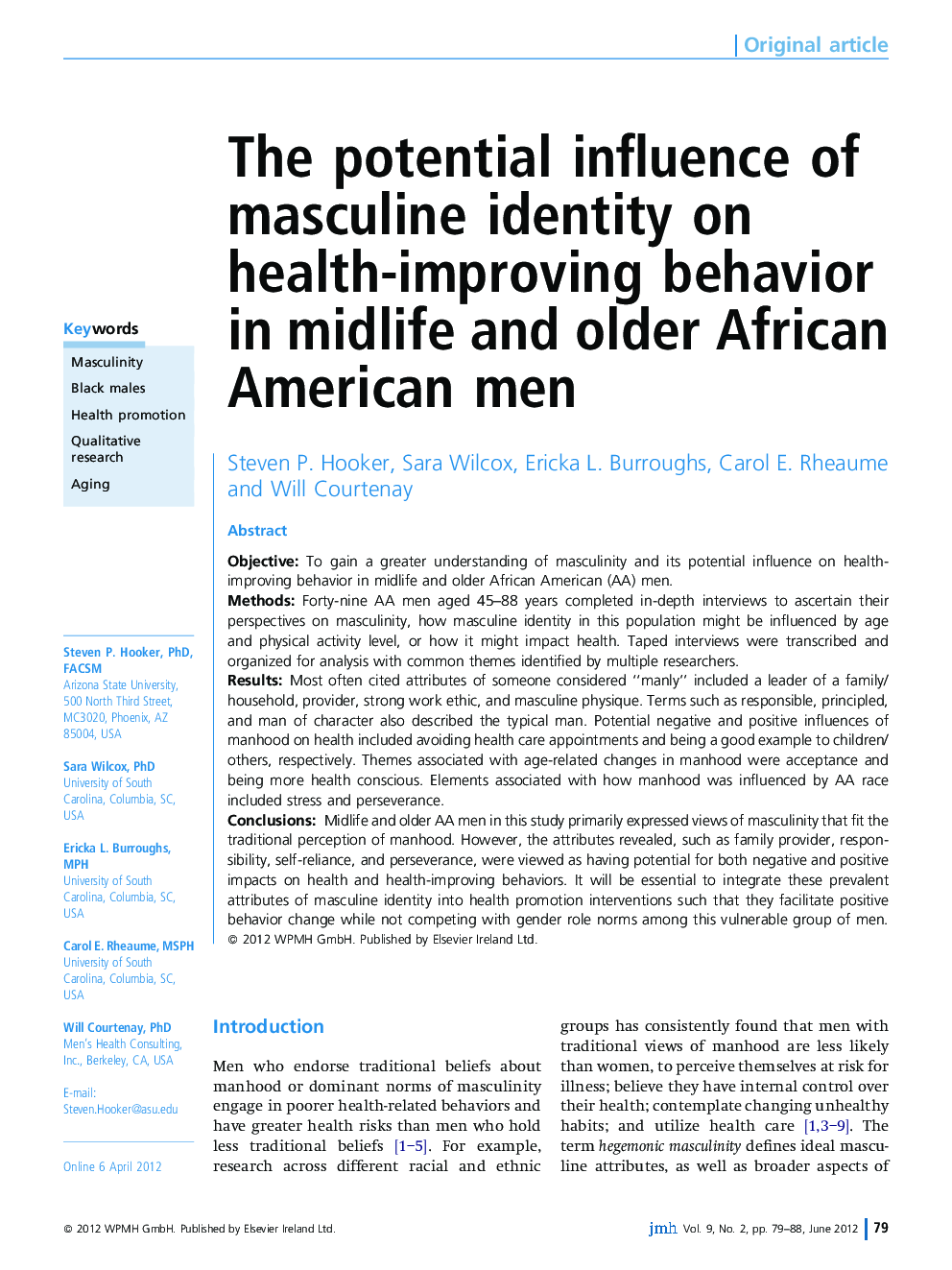 The potential influence of masculine identity on health-improving behavior in midlife and older African American men