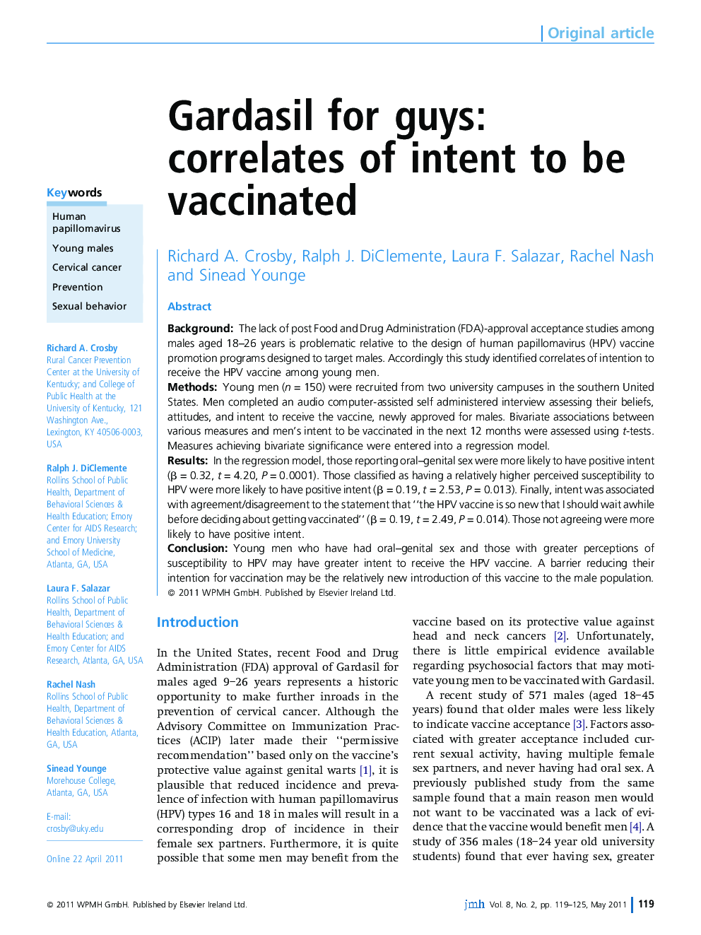 Gardasil for guys: correlates of intent to be vaccinated