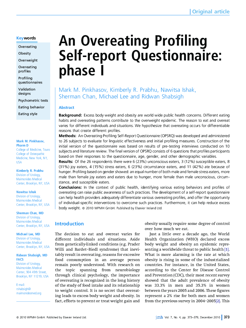 An Overeating Profiling Self-report Questionnaire: phase I