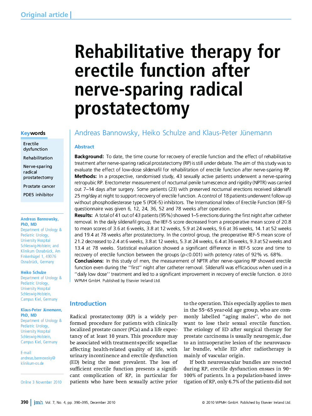 Rehabilitative therapy for erectile function after nerve-sparing radical prostatectomy