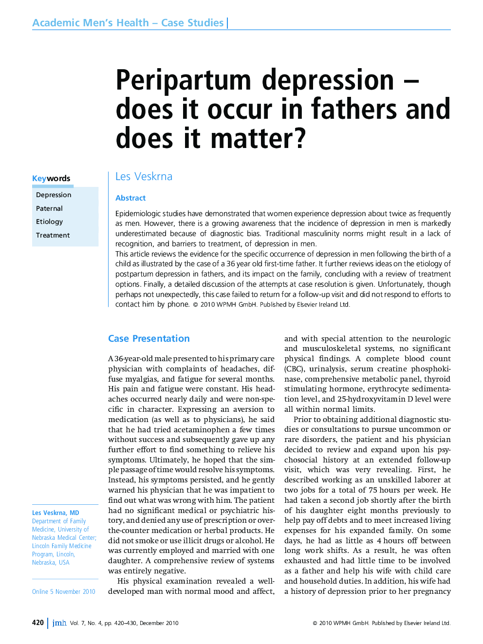 Peripartum depression - does it occur in fathers and does it matter?