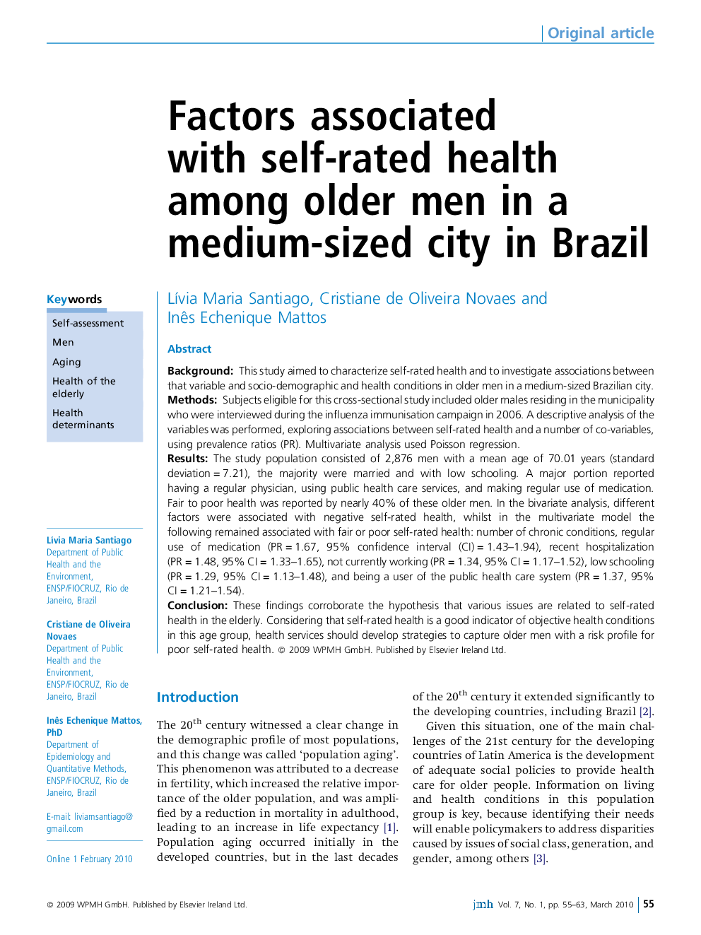 Factors associated with self-rated health among older men in a medium-sized city in Brazil