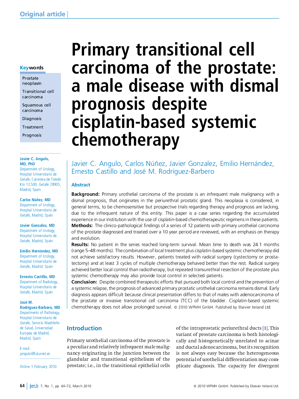 Primary transitional cell carcinoma of the prostate: a male disease with dismal prognosis despite cisplatin-based systemic chemotherapy