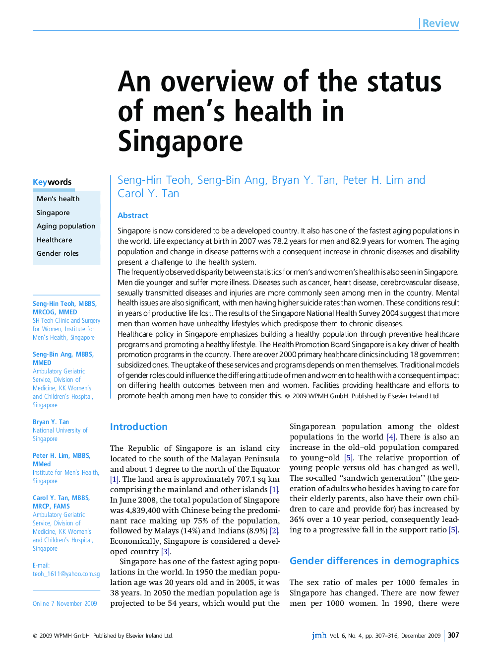 An overview of the status of men's health in Singapore