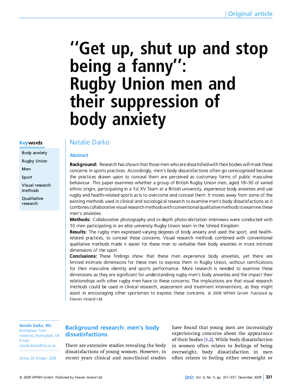 “Get up, shut up and stop being a fanny”: Rugby Union men and their suppression of body anxiety