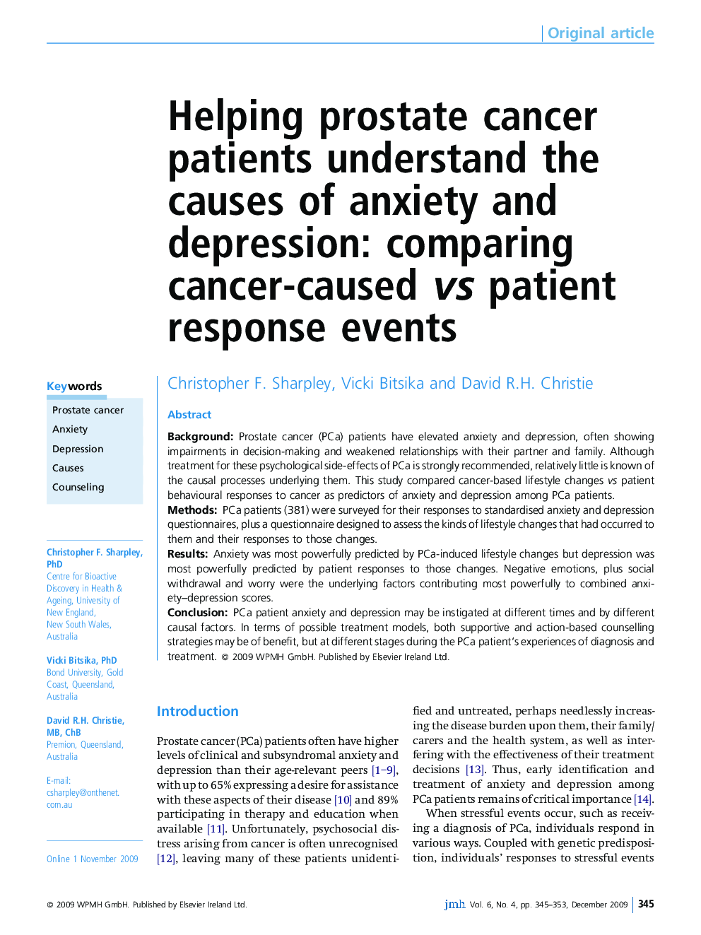 Helping prostate cancer patients understand the causes of anxiety and depression: comparing cancer-caused vs patient response events