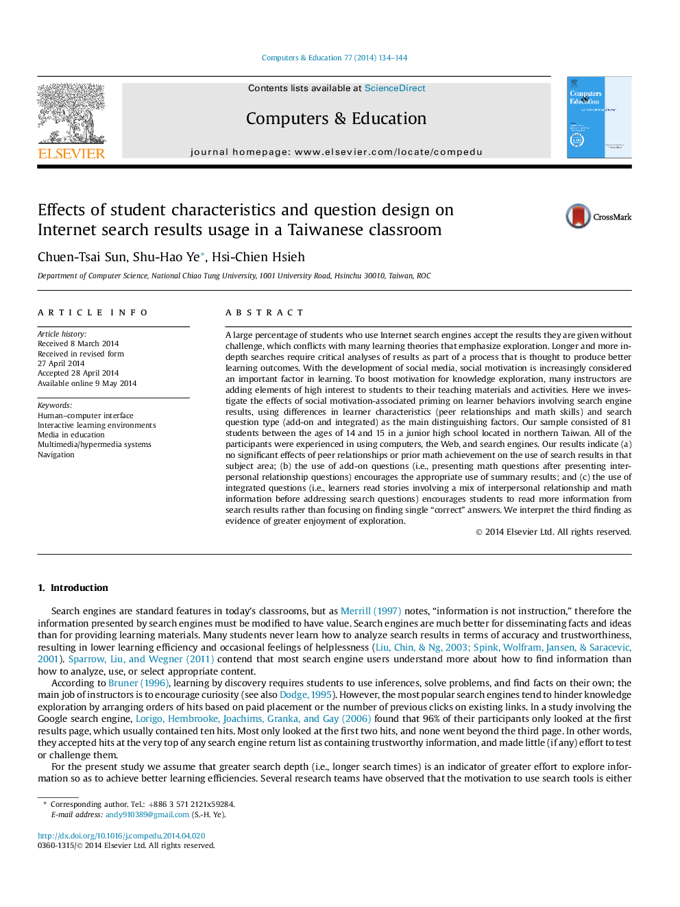 Effects of student characteristics and question design on Internet search results usage in a Taiwanese classroom