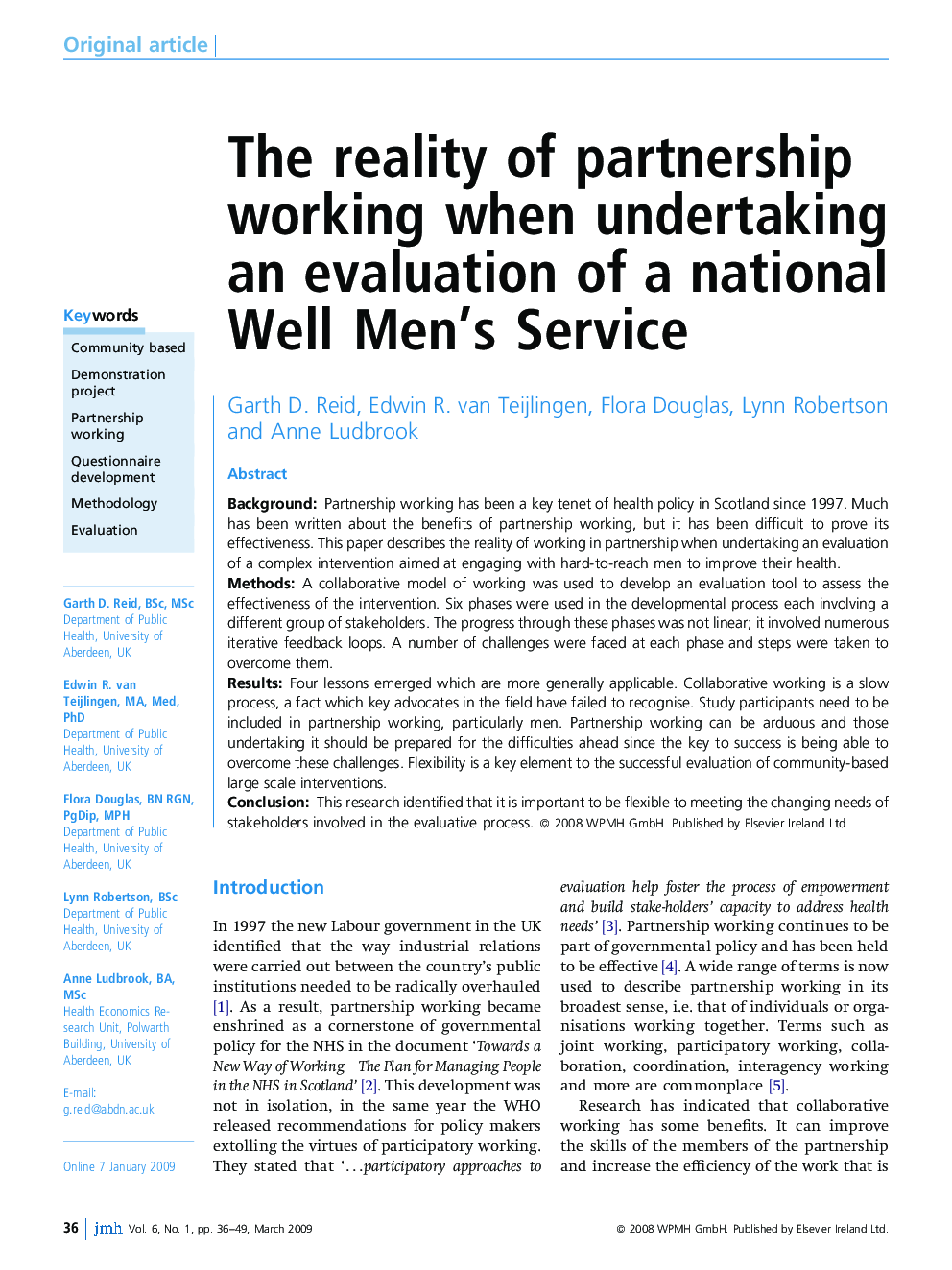 The reality of partnership working when undertaking an evaluation of a national Well Men's Service