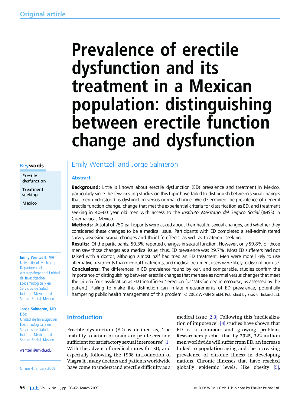 Prevalence of erectile dysfunction and its treatment in a Mexican population: distinguishing between erectile function change and dysfunction