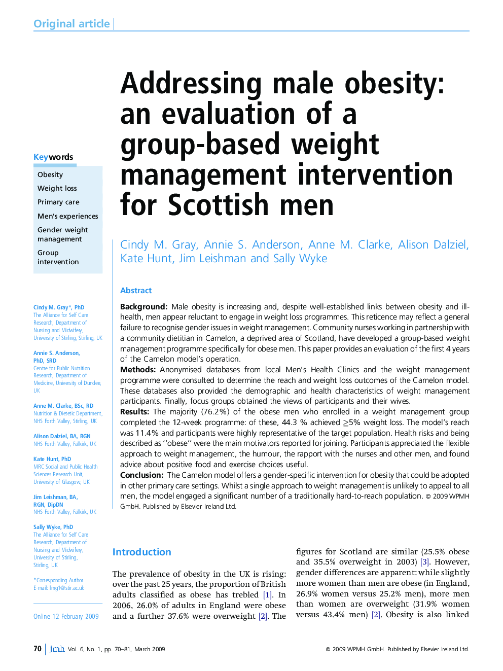 Addressing male obesity: an evaluation of a group-based weight management intervention for Scottish men