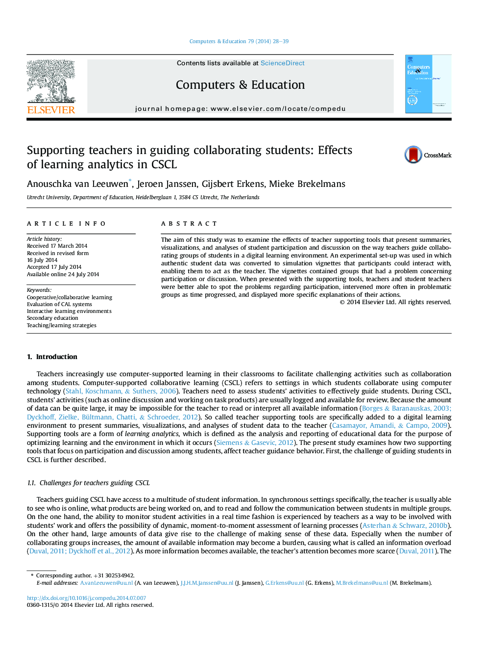 Supporting teachers in guiding collaborating students: Effects of learning analytics in CSCL