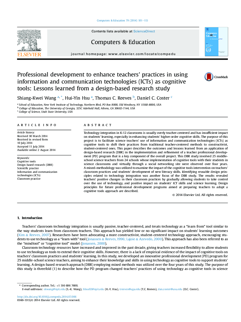 Professional development to enhance teachers' practices in using information and communication technologies (ICTs) as cognitive tools: Lessons learned from a design-based research study