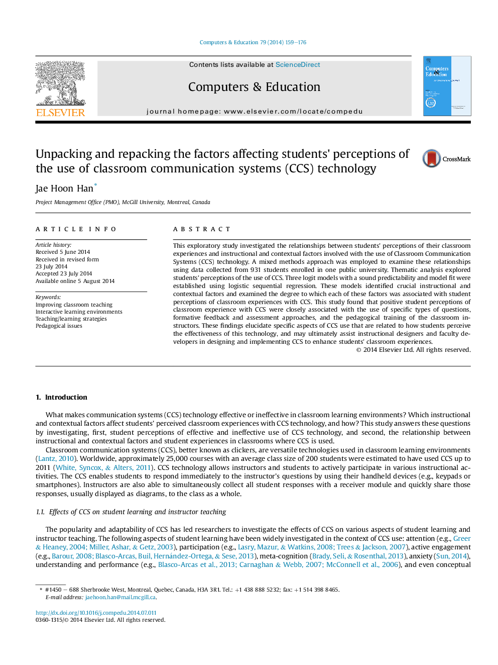 Unpacking and repacking the factors affecting students' perceptions of the use of classroom communication systems (CCS) technology